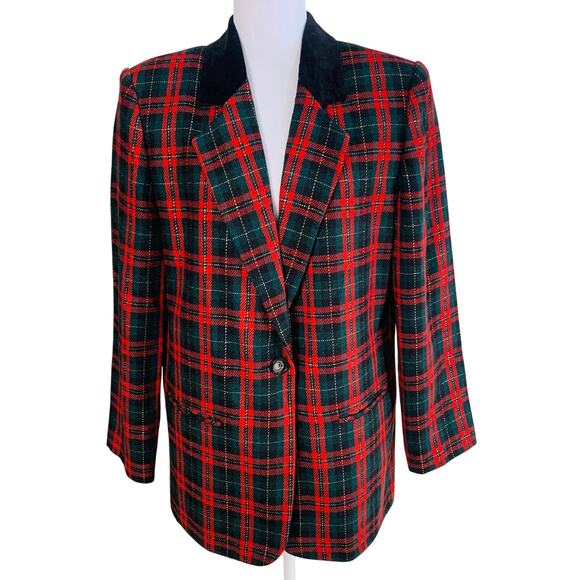 Vintage Jackets & Blazers - Vintage Sag Harbor Size 12 Velvet Collar Plaid Blazer Jacket Christmas Holiday